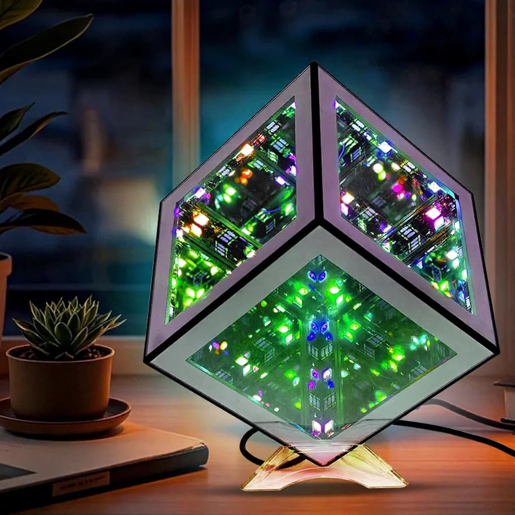 מנורת קוביית אינסוף 3D עם תאורת אווירה RGB ומצב ריאקטיבי לקול
