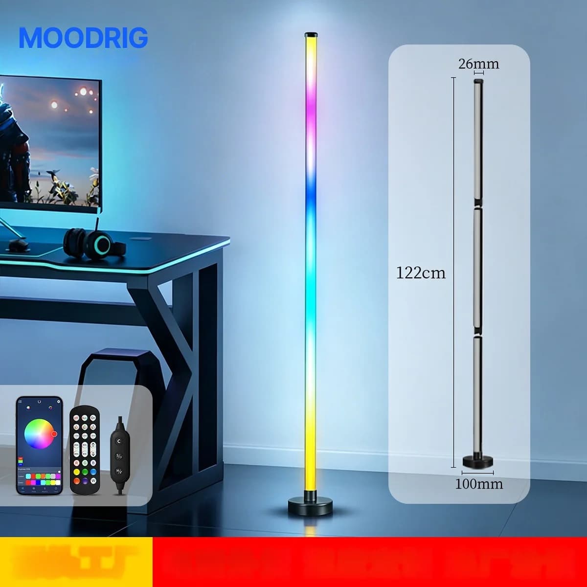 מנורת רצפה פינתית RGB LED עם סנכרון מוזיקה, שליטה באפליקציה ובשלט רחוק