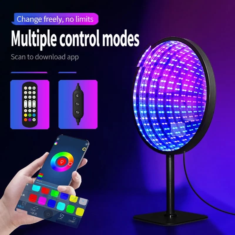 מנורת אווירה USB RGB עם מראת אינסוף אקרילית עגולה ואפקט תהום 3D